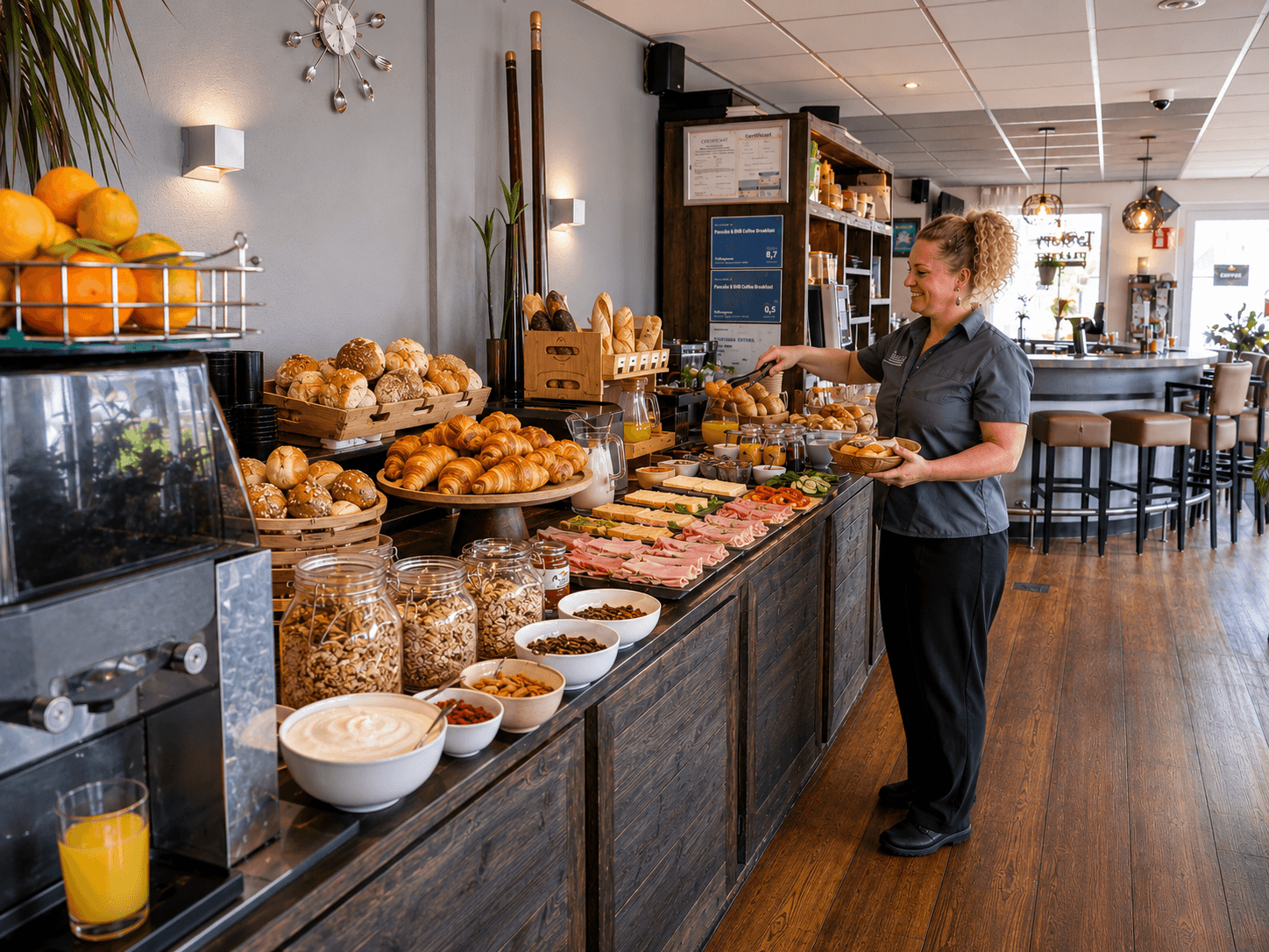 Uitgebreid ontbijtbuffet bij d'Olde Smidse: vers brood, croissants, beleg, fruit en sappen
